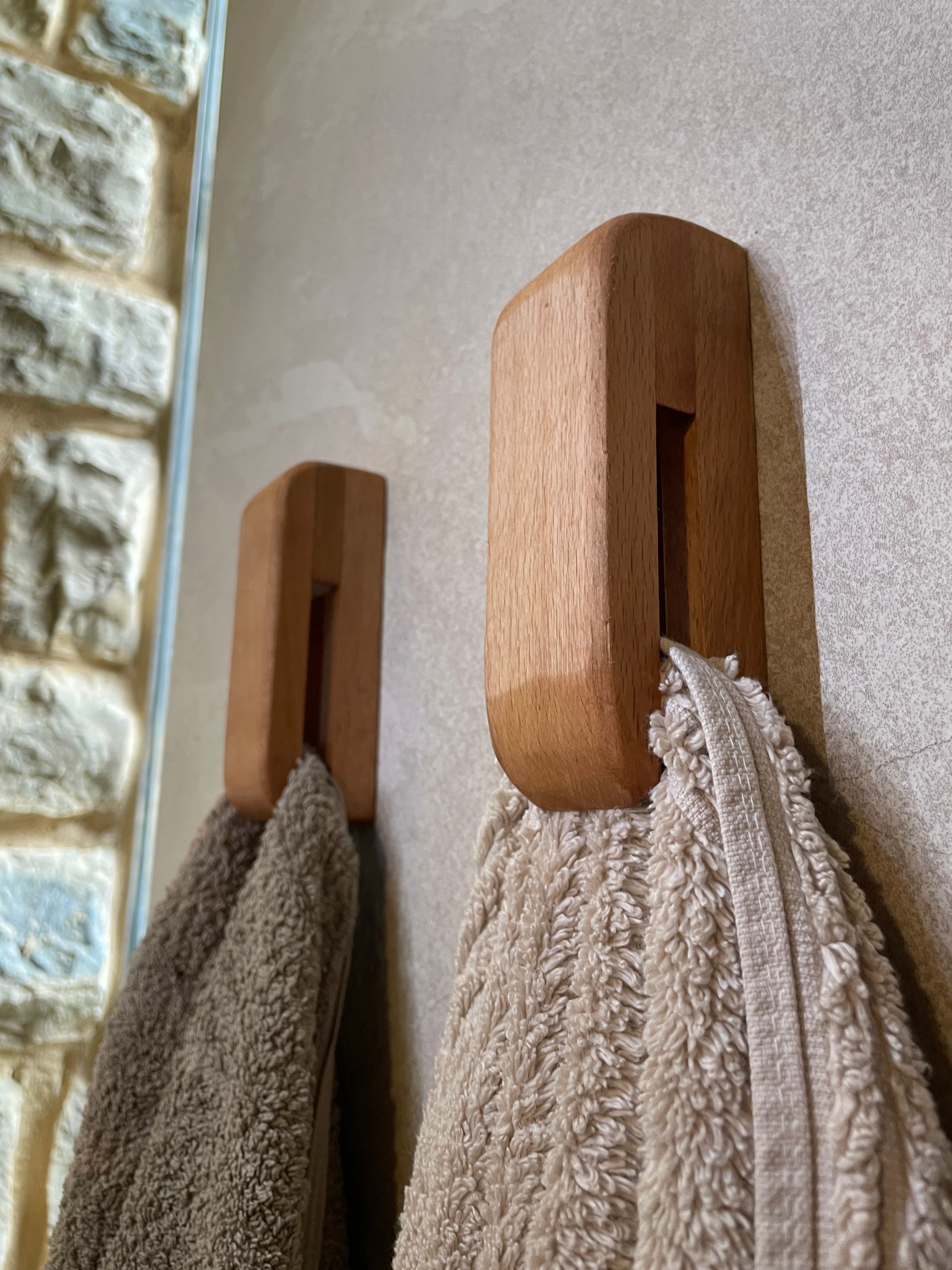Wooden towel hooks close-up